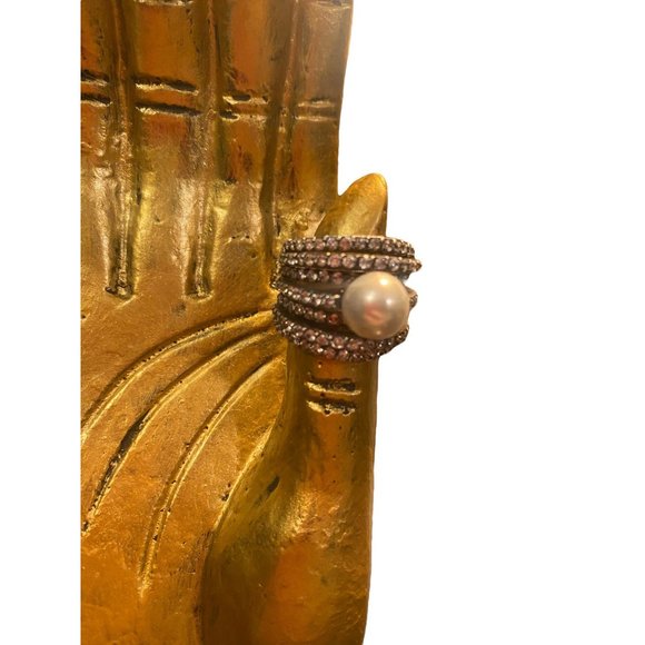 SOLD Sterling Silver Pearl and Rhinestone "multi band" Ring Size 6 - Picture 2 of 6